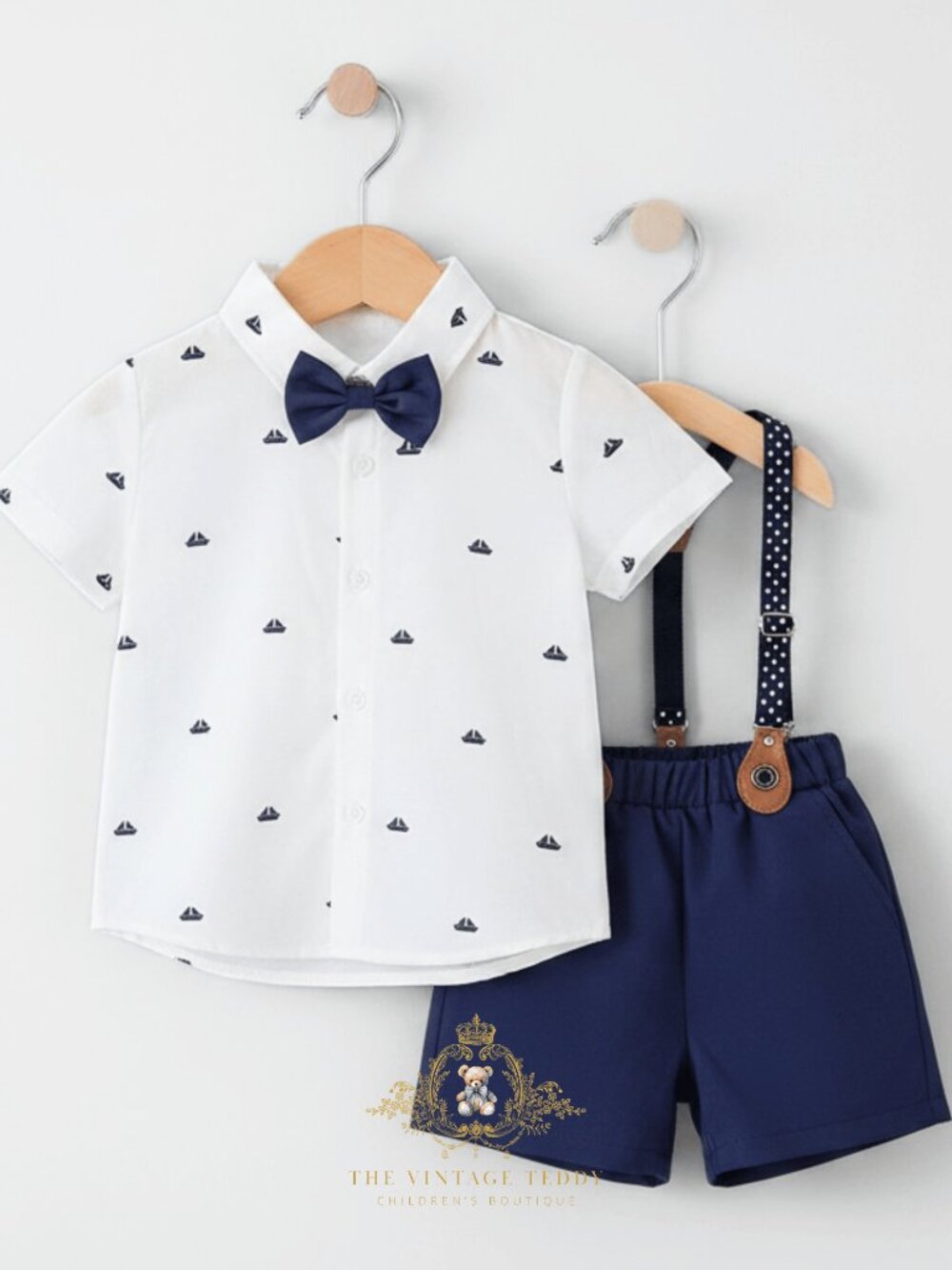 NWT Handsome Boys Oxford Button Down Shirt Shorts Bow Tie Kids Matching Set 7-8Y - Picture 1 of 3
